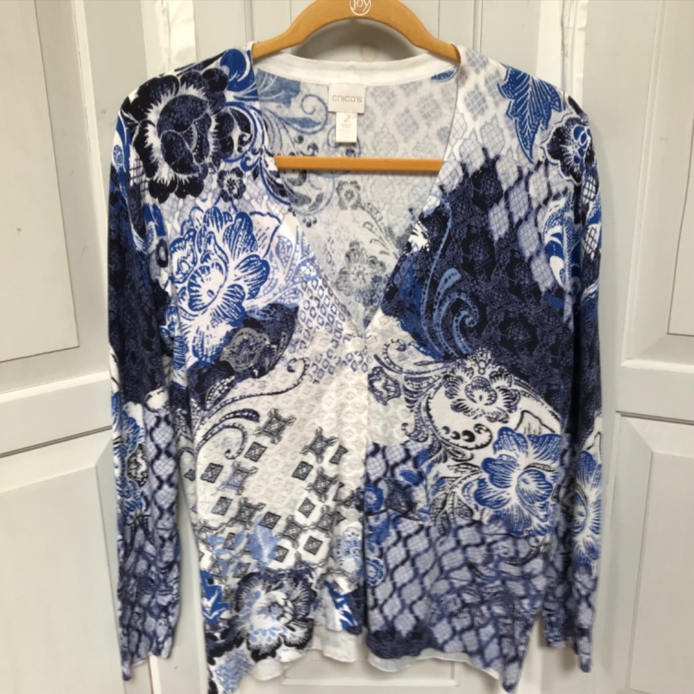 Chico's Blue and White Floral Button Down Cardigan - Picture 3 of 14